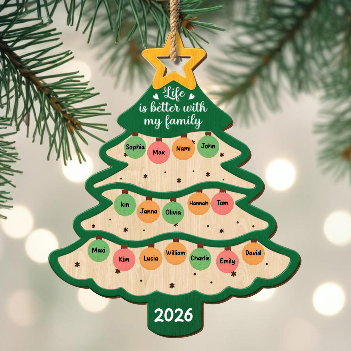 "Life Is Better with My Family" Personalized Wooden Christmas Ornament - Custom Holiday Keepsake for Family