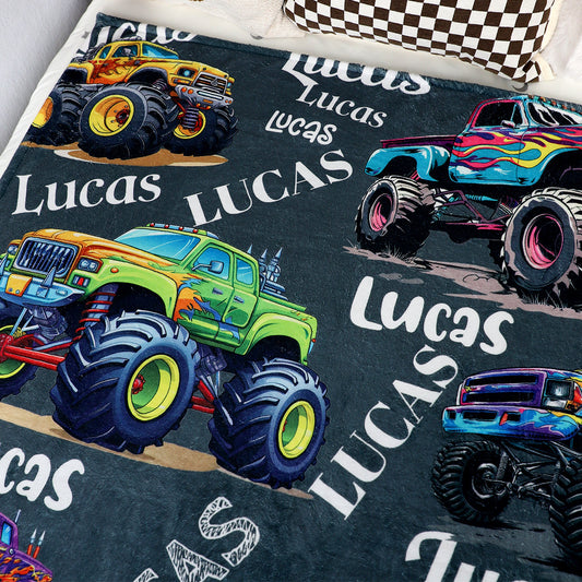 Personalized Monster Truck Blanket with Name - Keepsake Gift for Kids