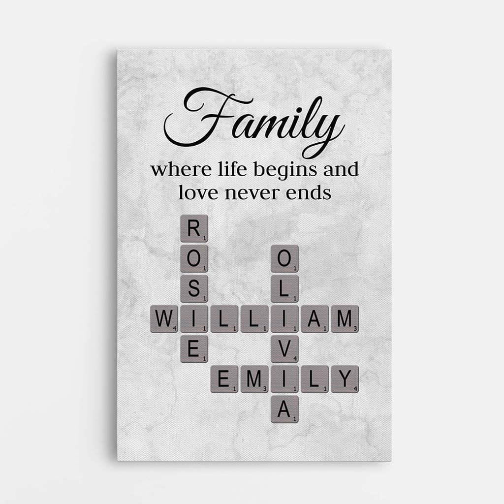 Where Life Begins and Love Never Ends - Personalised Family Crossword Canvas / Poster