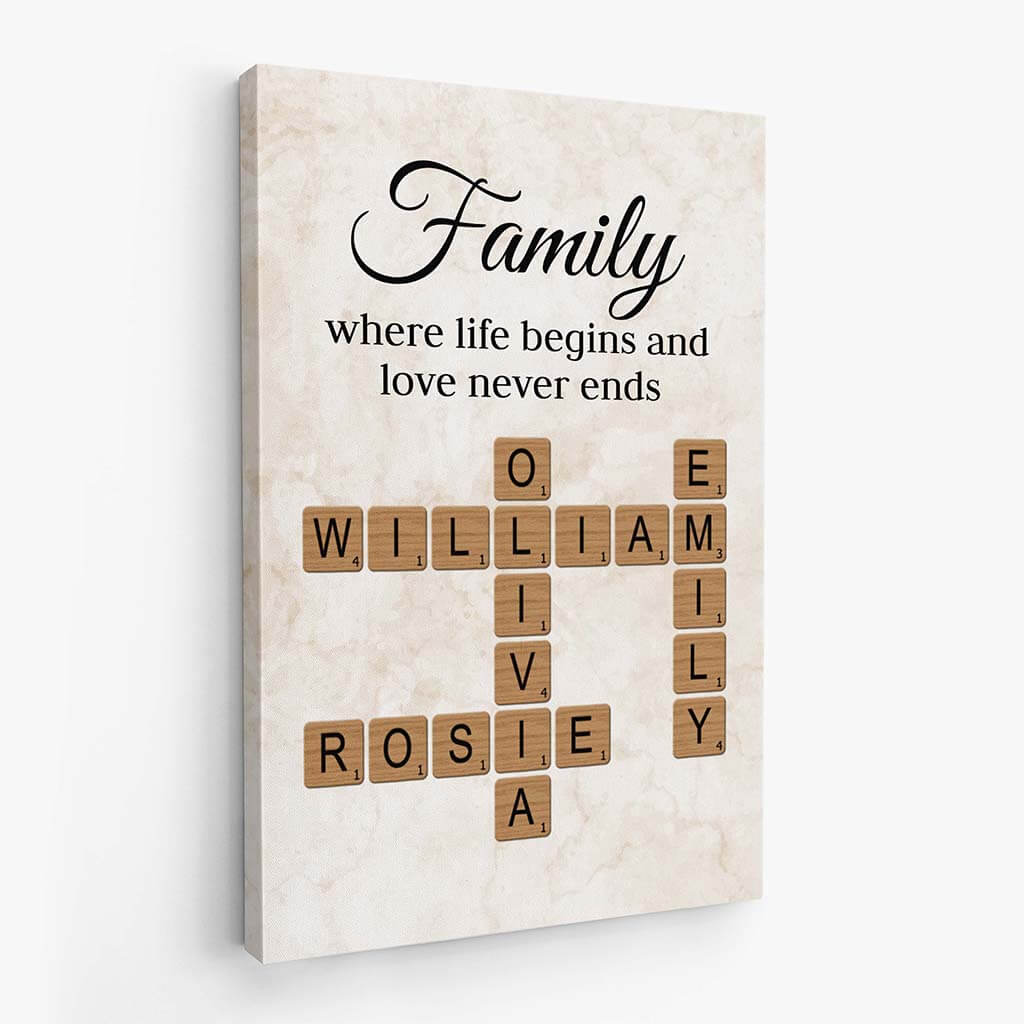 Where Life Begins and Love Never Ends - Personalised Family Crossword Canvas / Poster