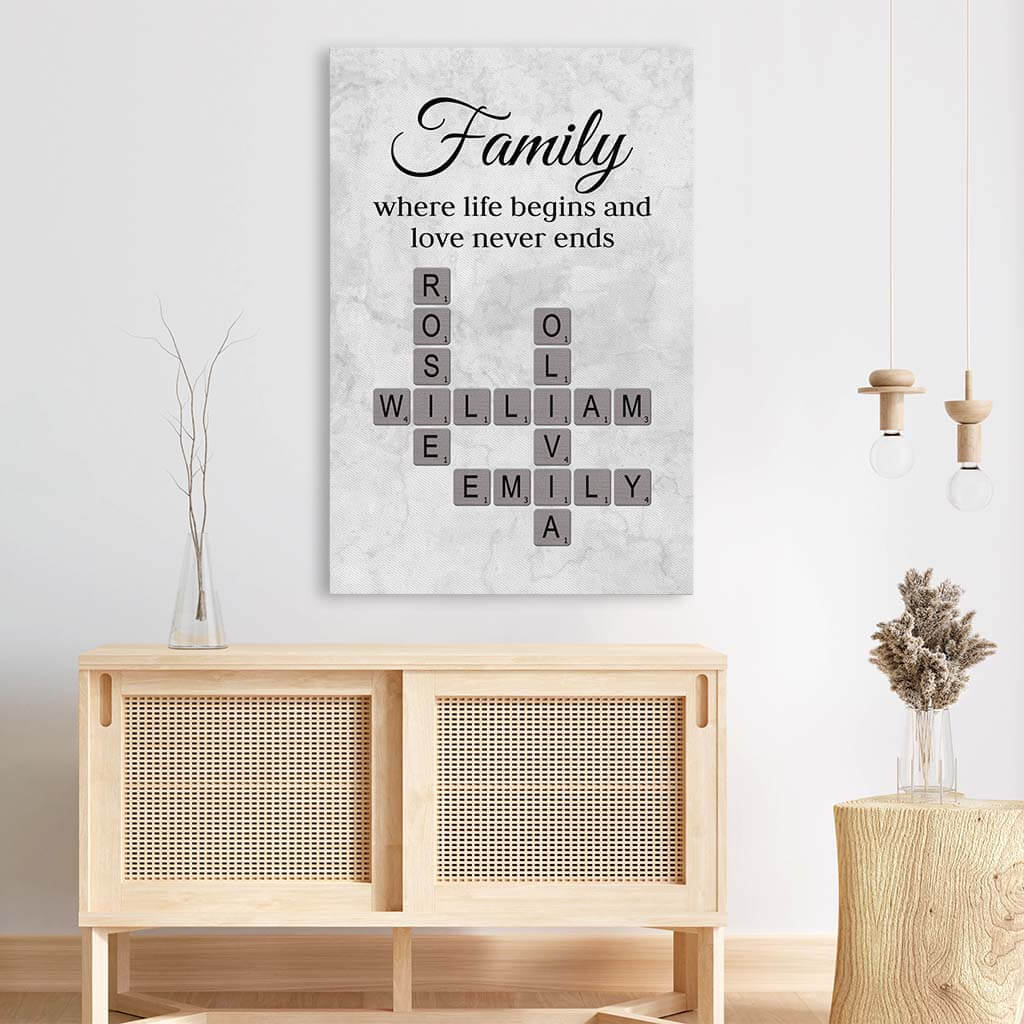 Where Life Begins and Love Never Ends - Personalised Family Crossword Canvas / Poster