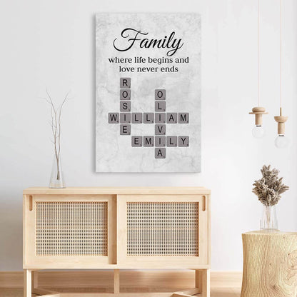 Where Life Begins and Love Never Ends - Personalised Family Crossword Canvas / Poster