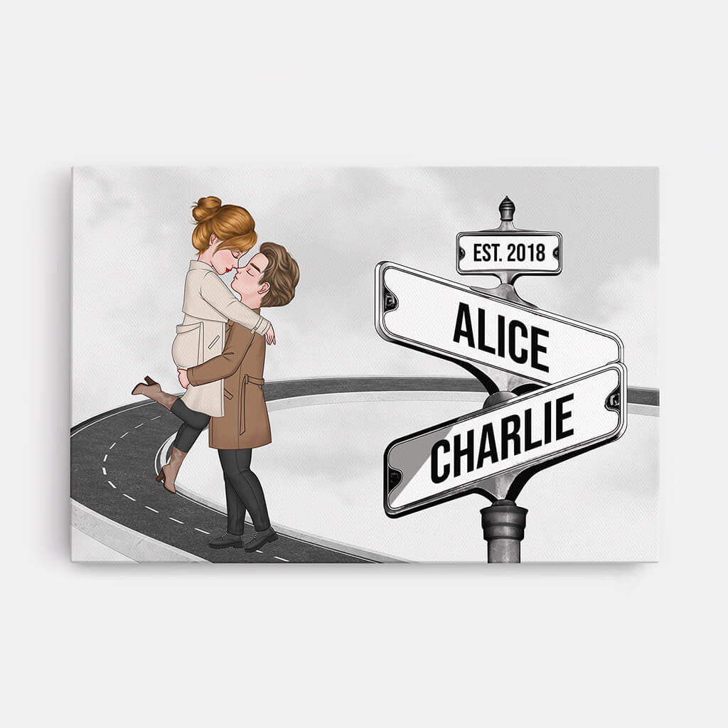 Couple Kissing Wall Art - Personalised Vintage Street Sign Canvas / Poster