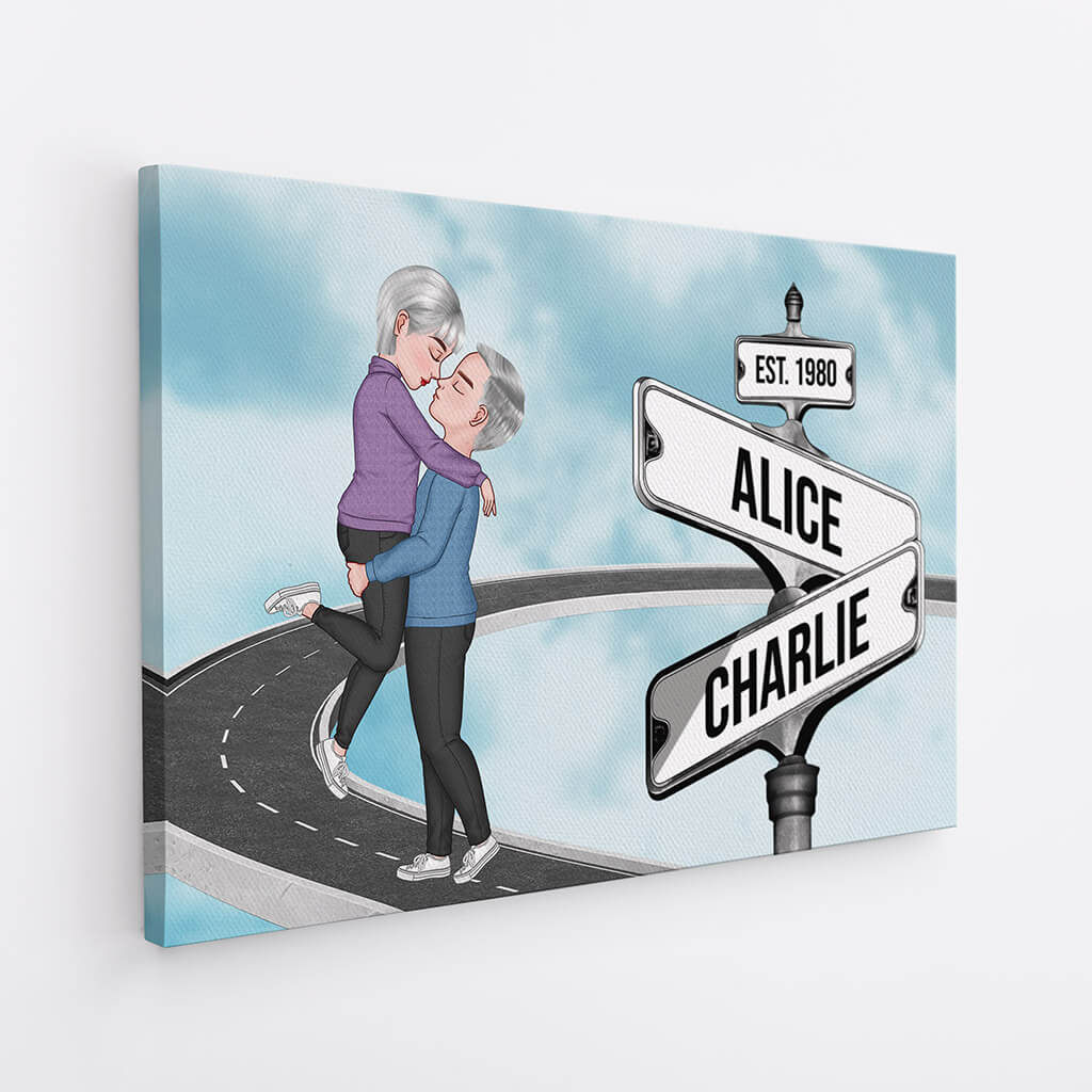 Couple Kissing Wall Art - Personalised Vintage Street Sign Canvas / Poster
