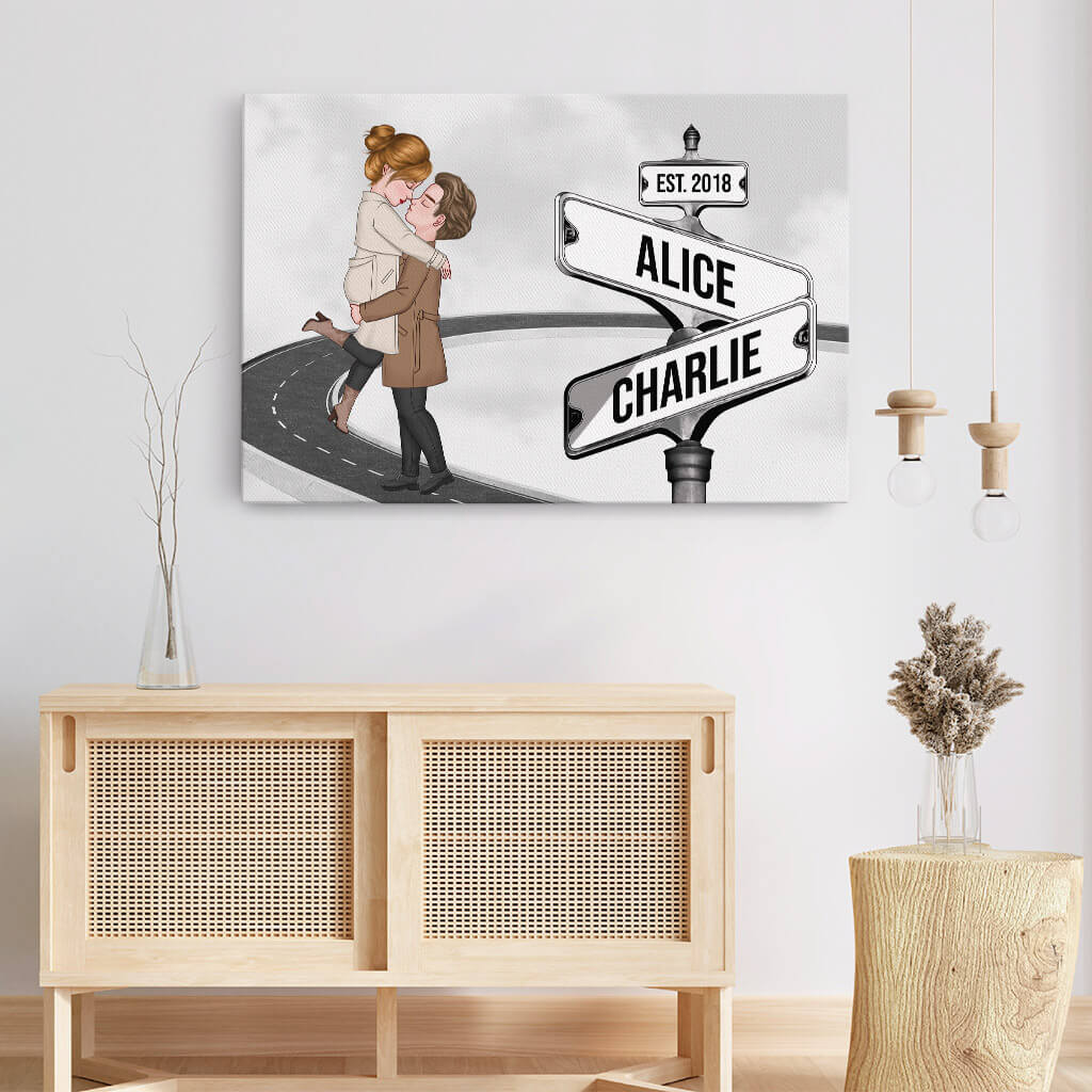 Couple Kissing Wall Art - Personalised Vintage Street Sign Canvas / Poster
