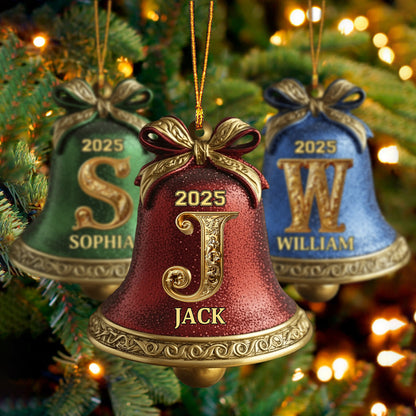 Custom Initial Gold Bell For Family - 2025 Personalized Christmas Ornament