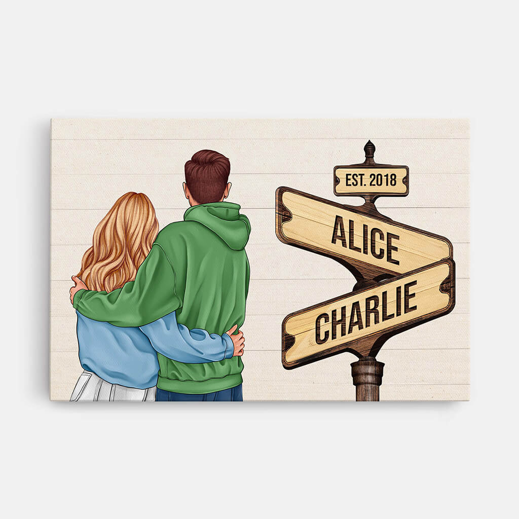 Vintage Wooden Street Sign - Personalised Couple Canvas / Poster