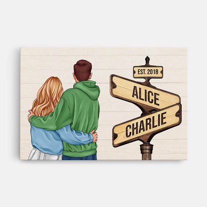 Vintage Wooden Street Sign - Personalised Couple Canvas / Poster
