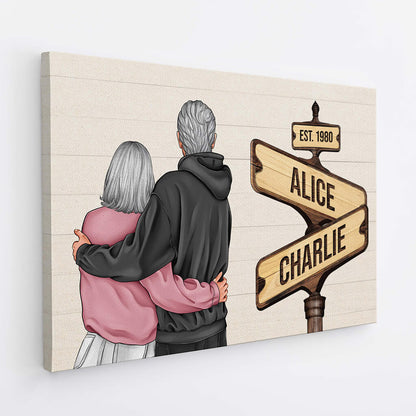 Vintage Wooden Street Sign - Personalised Couple Canvas / Poster
