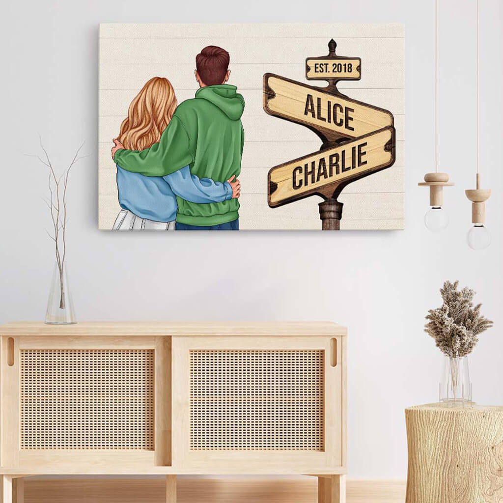 Vintage Wooden Street Sign - Personalised Couple Canvas / Poster