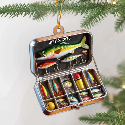 Personalized Fishing Tackle Box Acrylic Ornament - Custom Angler Keepsake Gift for Dad