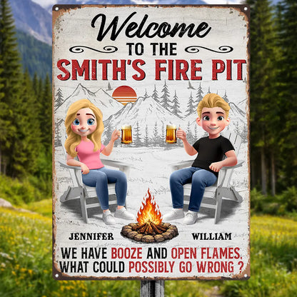 Old Couples,Gift For Husband,Gift For Wife,Gift For Boyfriend,Gift For Girlfriend,Camping,Campsite,Happy - 3D Effect Couple Welcome To Our Fire Pit - Personalized Classic Metal Signs