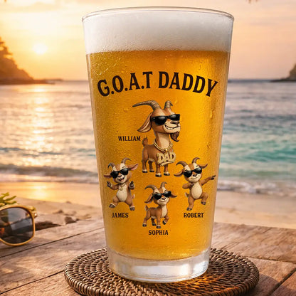 Personalized Goat Dad beer glass with custom kids names printed on a 16oz pint glass