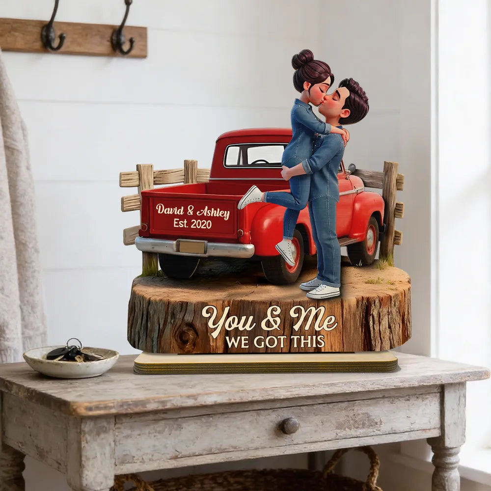 Kissing Couple in Red Pickup Truck - Personalized Wooden Plaque
