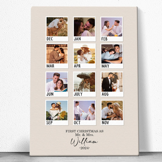 Custom Monthly Photo First Christmas As Mr & Mrs - Personalized Customized Canvas - Gifts For Couple