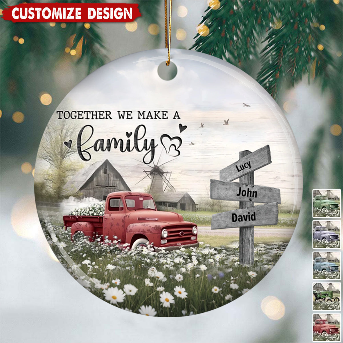 Personalized Farmhouse Family Truck Christmas Ceramic Ornament - Gift For Family
