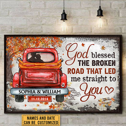 Personalized God Blessed The Broken Road Fall Leaves Custom Poster / Canvas - Gift For Husband Wife