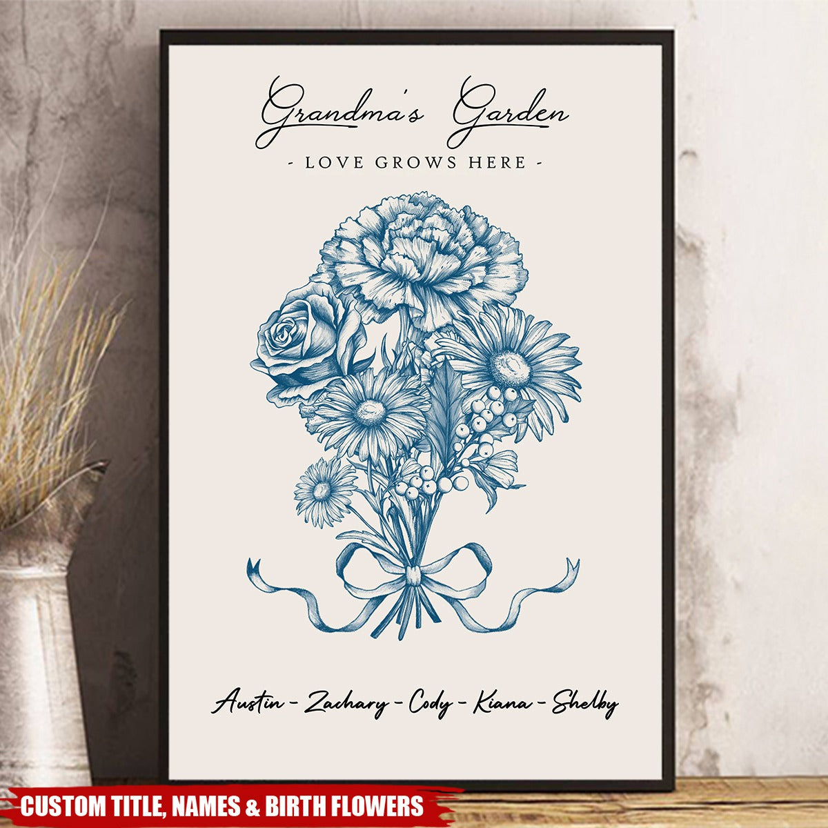 Personalized Vintage Floral Grandma Garden Poster / Canvas - Custom Birth Month Flowers Bouquet Grandkids Names