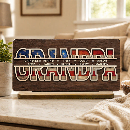 Personalized Grandpa Plaque - Custom Wooden Sign with Family Names, American Flag Design, Gift for Dad