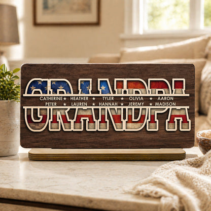 Personalized Grandpa Plaque - Custom Wooden Sign with Family Names, American Flag Design, Gift for Dad