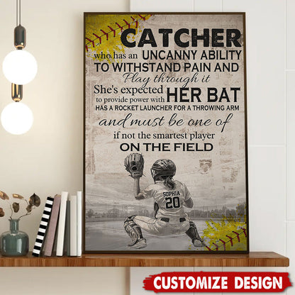 “Catchers Are Expected To Provide Power” - Personalized Softball Girl Poster / Canvas