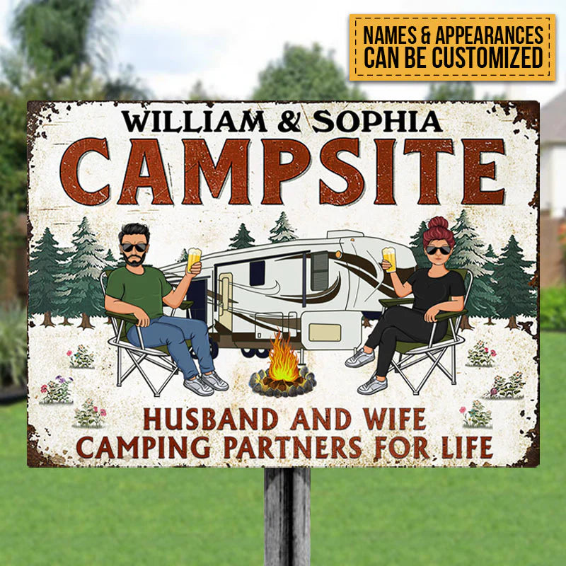 Let's Sit By The Campfire Husband Wife - Camping Signs - Camping Gift For Couple - Personalized Custom Classic Metal Signs