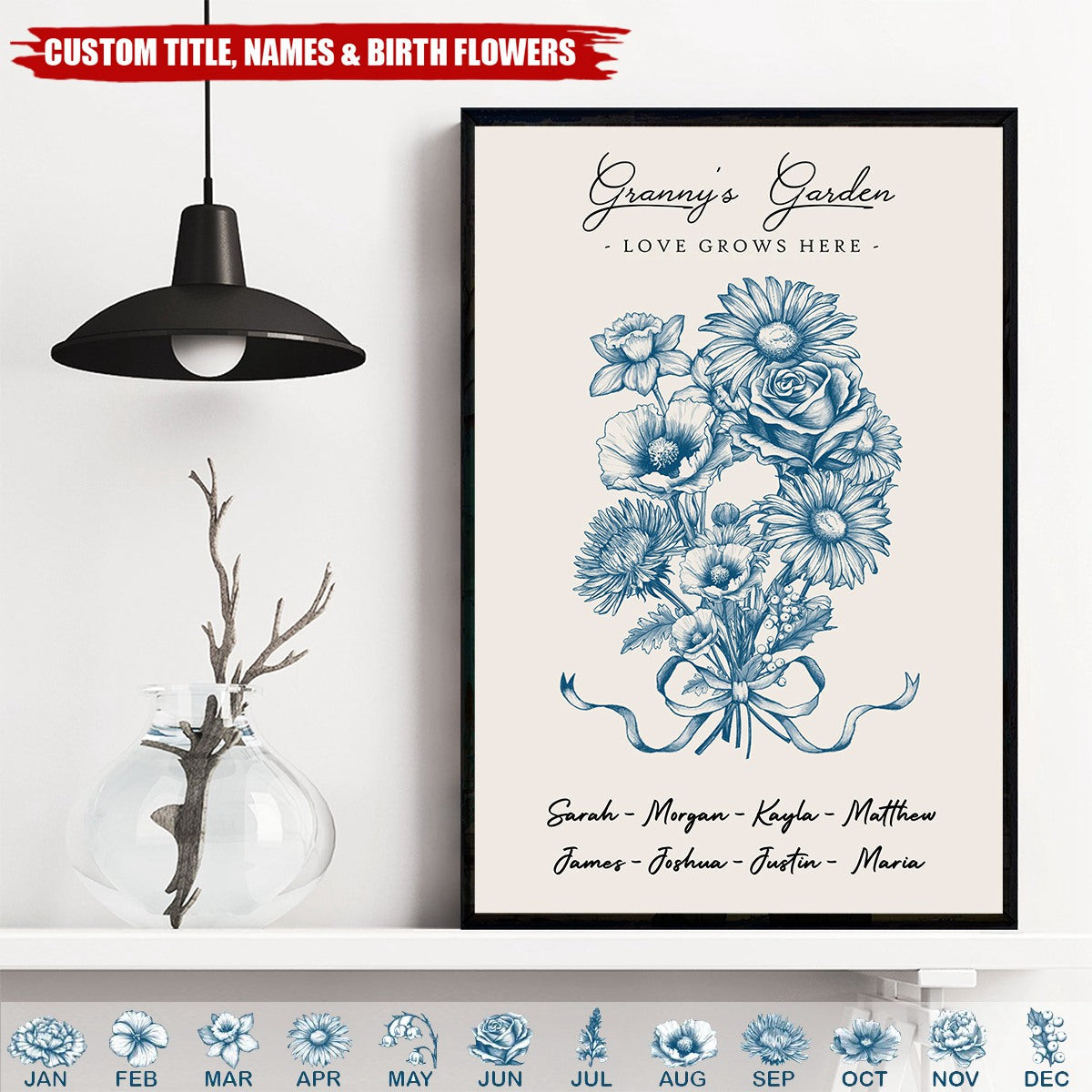 Personalized Vintage Floral Grandma Garden Poster / Canvas - Custom Birth Month Flowers Bouquet Grandkids Names