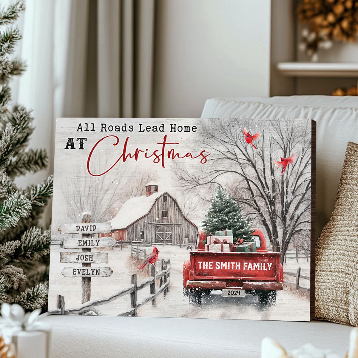 Customizable ‘All Roads Lead Home at Christmas’ Canvas / Poster - Personalize Names & Year