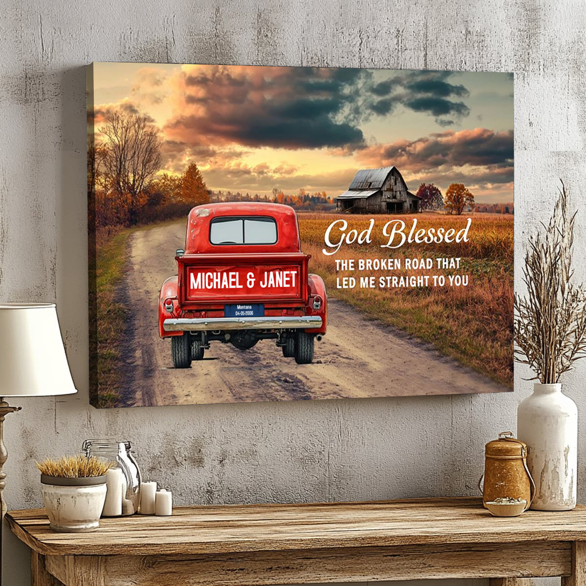 “God Blessed The Broken Road” - Personalized Rustic Couple Canvas / Poster
