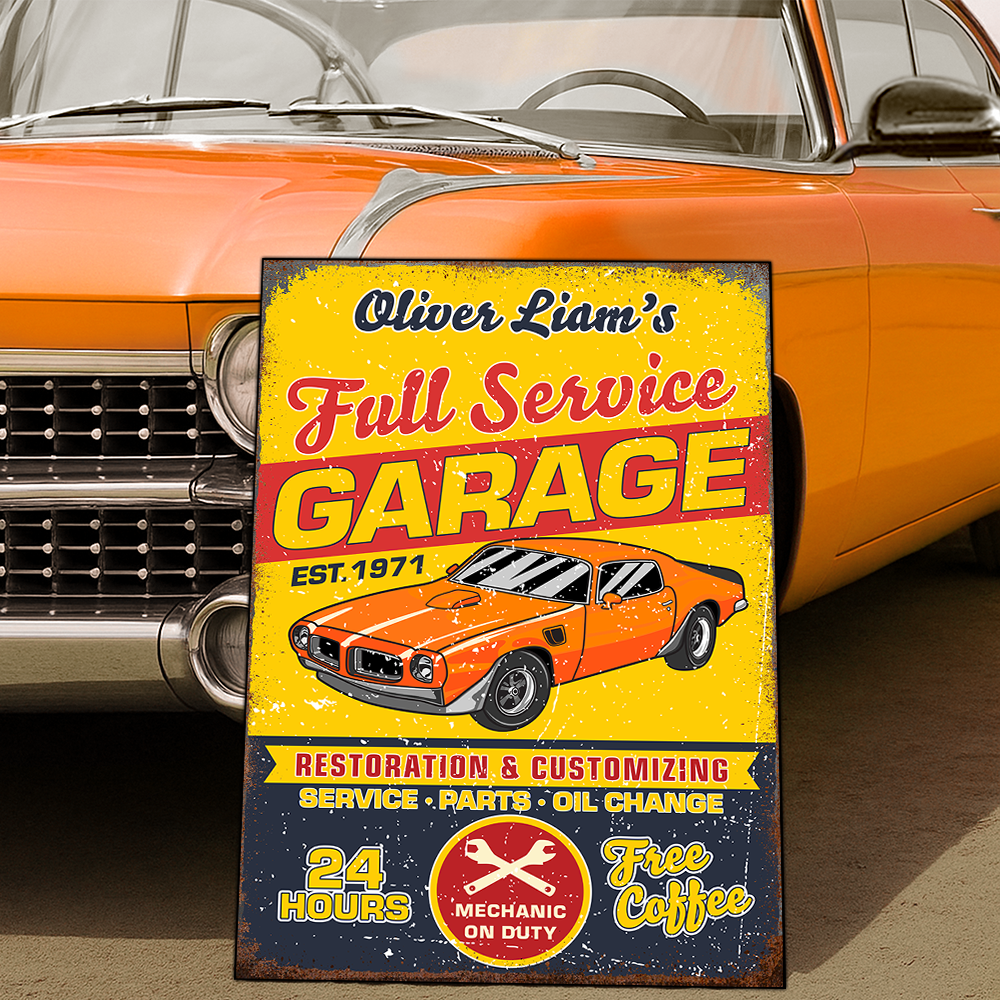 Custom Car Photo Full Service Garage Sign - Personalized Garage Metal Sign