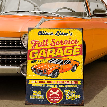 Custom Car Photo Full Service Garage Sign - Personalized Garage Metal Sign