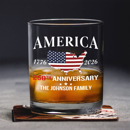 America 250th Anniversary - Personalized Family Name Whiskey Glass