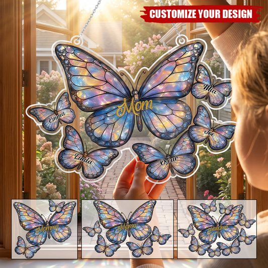 Personalized butterfly mom suncatcher ornament with custom names on acrylic window hanging