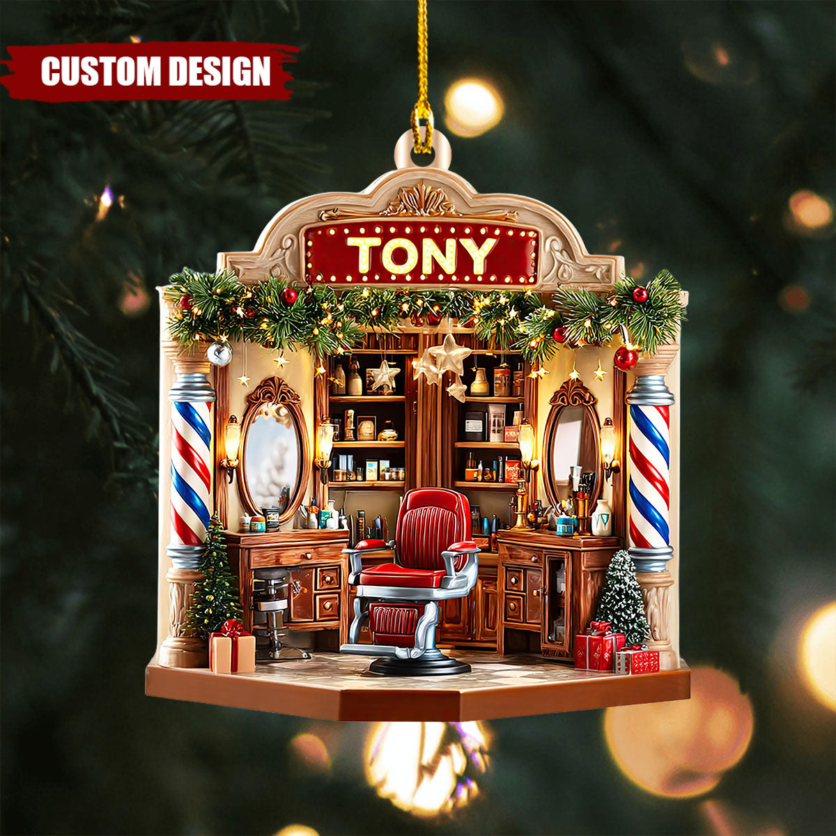Personalized Barber Shop Christmas Ornament - Custom Name Wooden Gift for Barbers