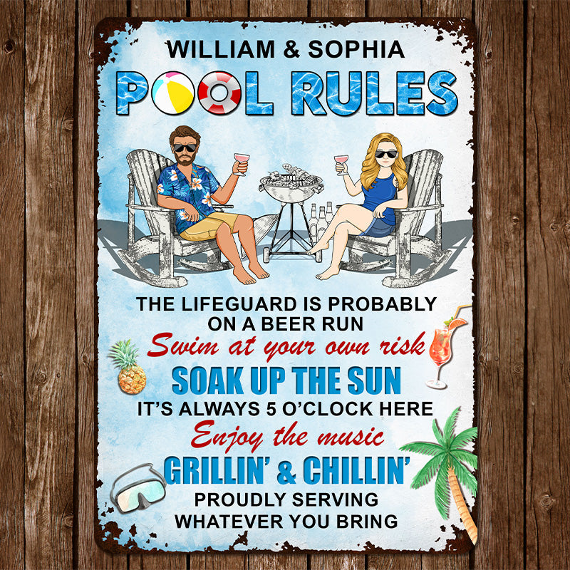 Pool Rules Enjoy The Music Grilling And Chilling - Personalized Custom Couples Metal Sign