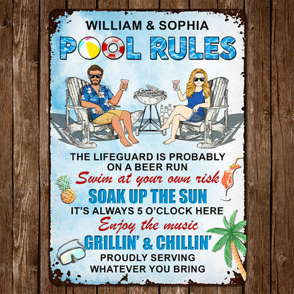 Pool Rules Enjoy The Music Grilling And Chilling - Personalized Custom Couples Metal Sign