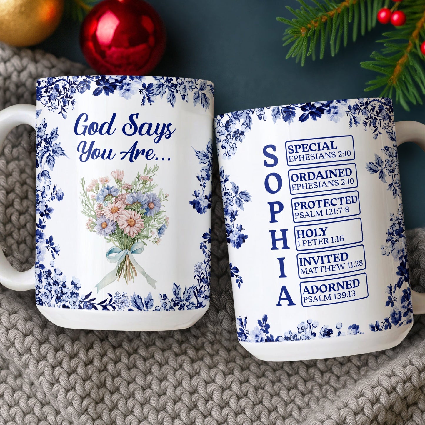 Personalized “God Says I Am” Mug - Custom Name Toile De Jouy Style