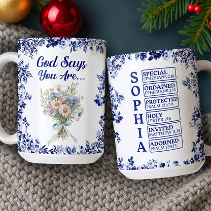 Personalized “God Says I Am” Mug - Custom Name Toile De Jouy Style