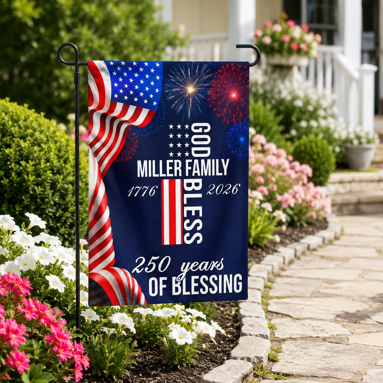 Garden Flag material and size view - Custom America 250 Years Of Blessings Flag