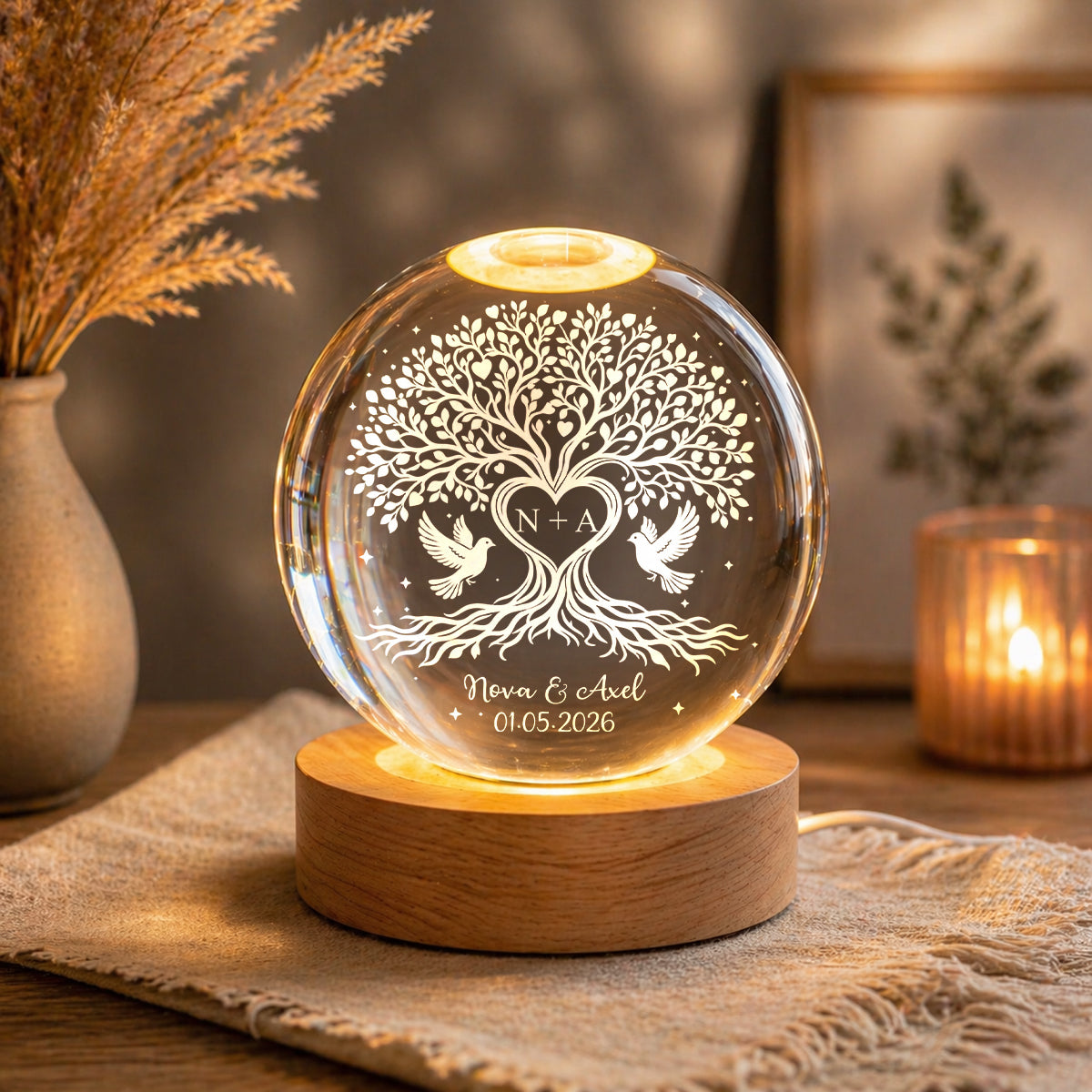 Personalized anniversary crystal ball light with an engraved Tree of Life and couple names on a glowing wooden base