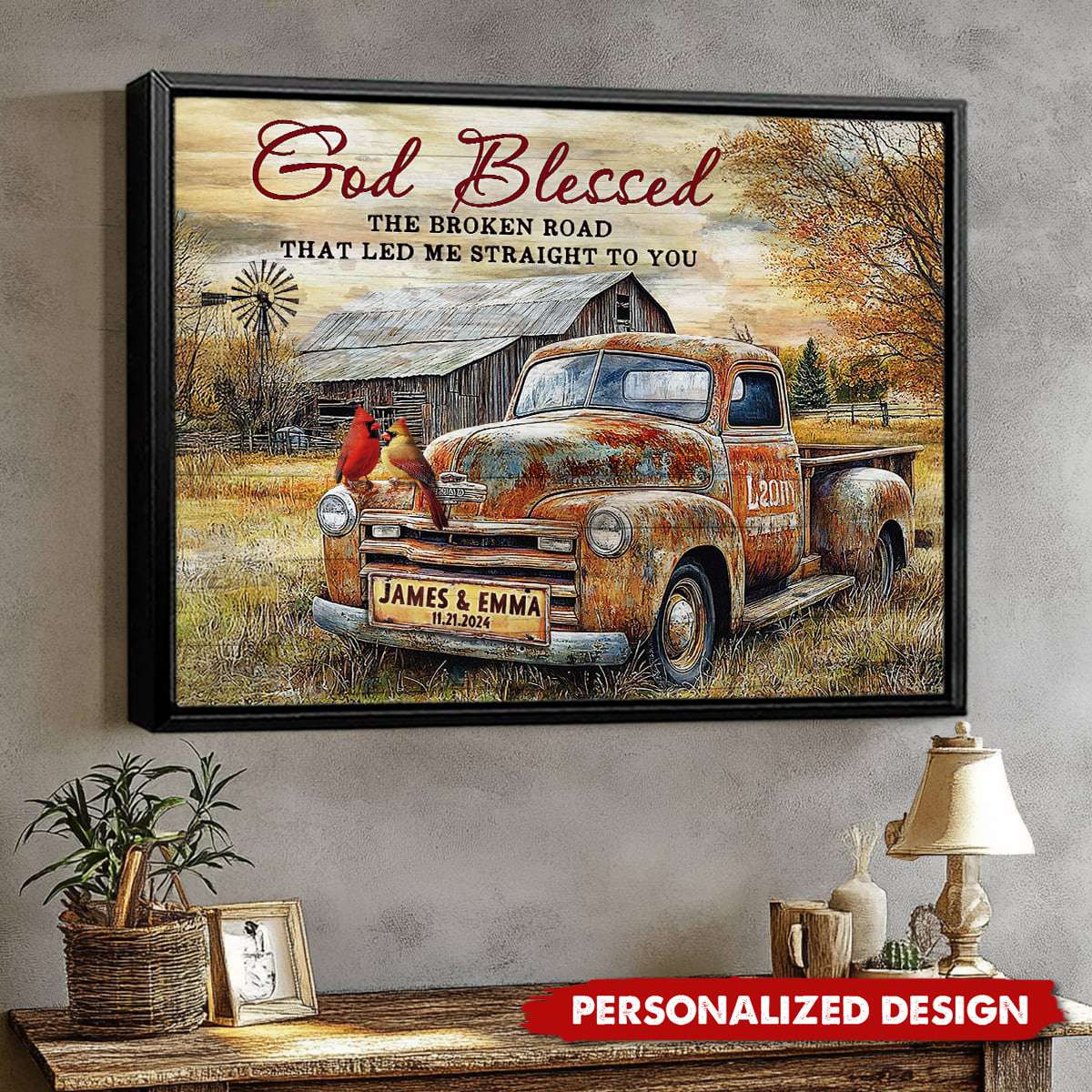 Vintage Truck And Cardinals-Personalized Poster / Canvas Gift for Couples