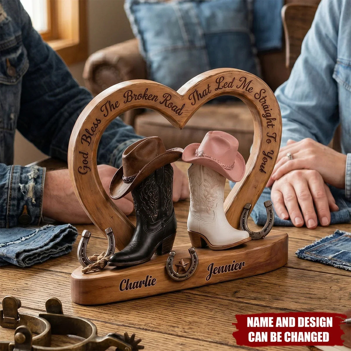 "God Bless The Broken Road" Personalized Western Couple Wooden Block - Custom Boots Keepsake Gift