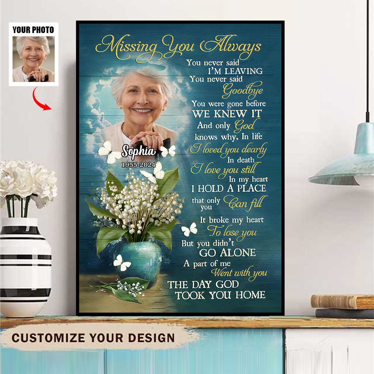 The Day God Took You Home - Personalized White Butterfly Blue Sky Memorial Canvas / Poster