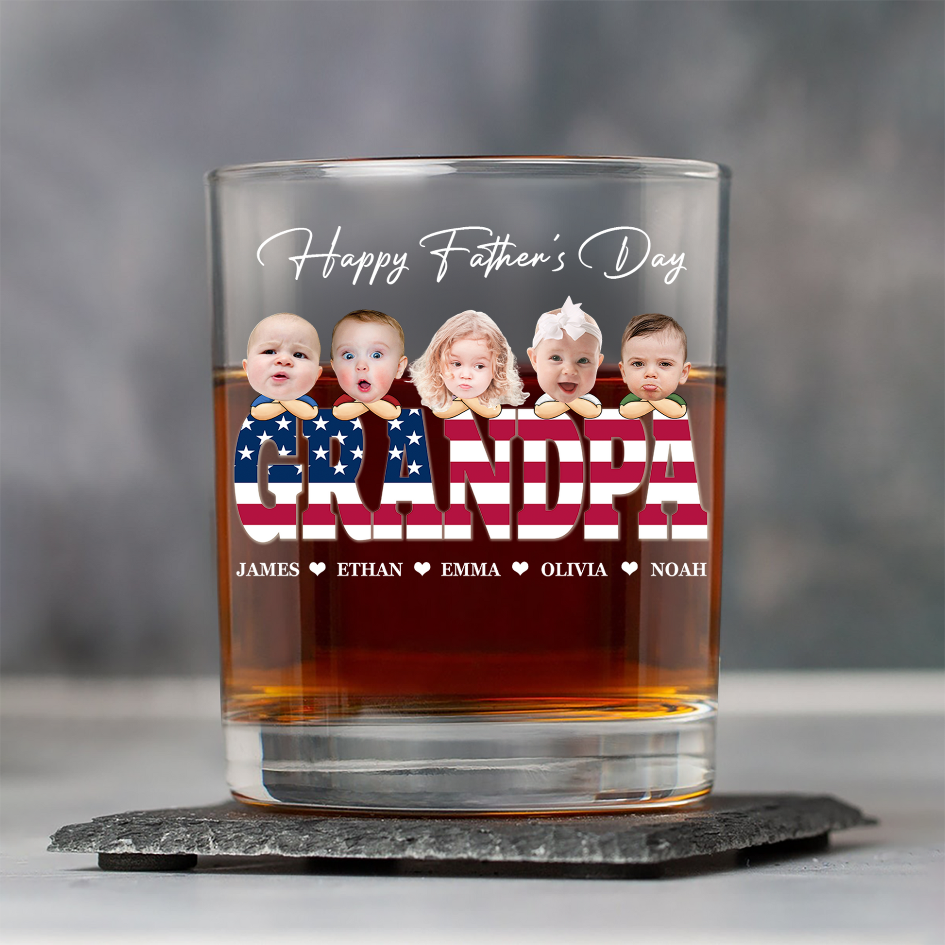 Custom Funny Face & American Flag Whiskey Glass - Father’s Day Gift for Daddy, Grandpa, Uncle