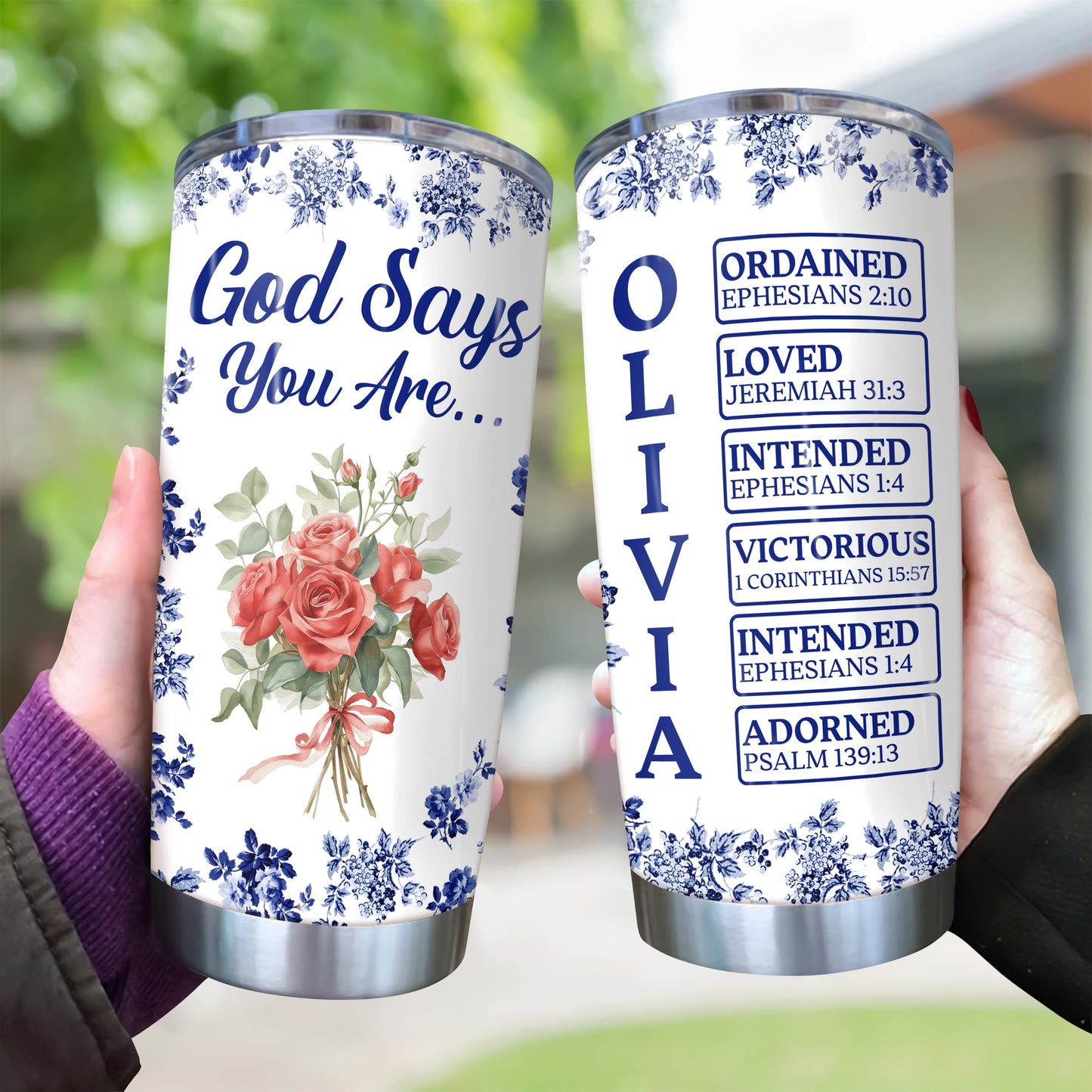 Personalized “God Says I Am” Tumbler - Custom Name Toile De Jouy Style