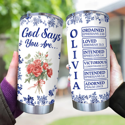 Personalized “God Says I Am” Tumbler - Custom Name Toile De Jouy Style