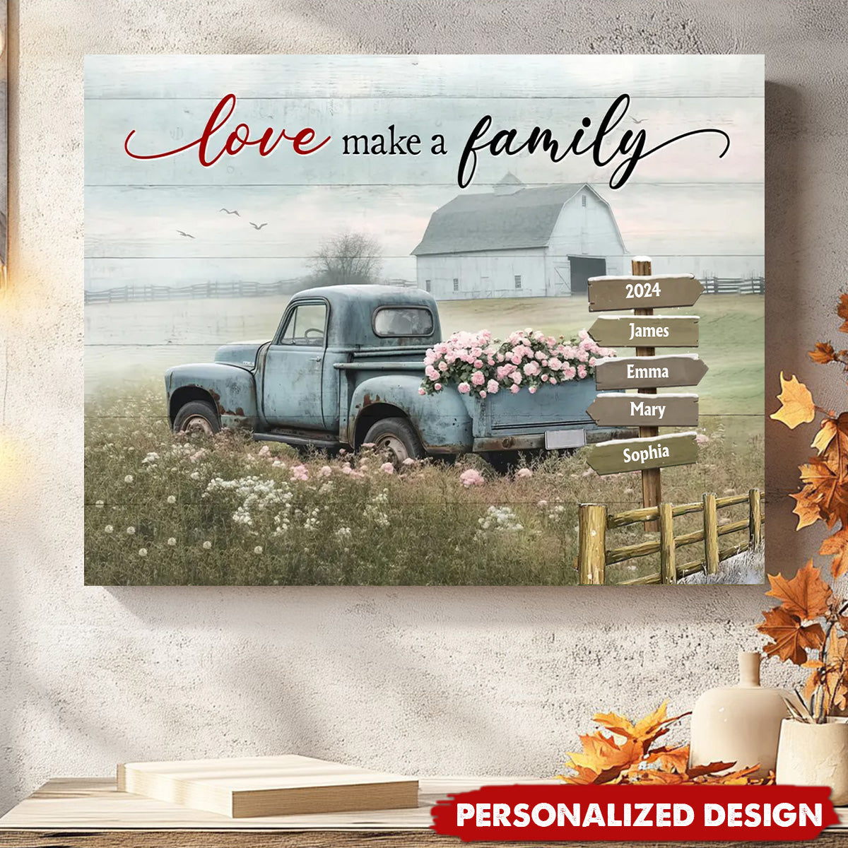 Heartfelt Personalized Family Canvas: 'Love Makes a Family' Rustic Wall Art