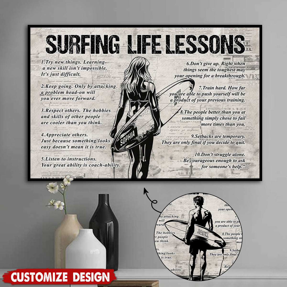 Personalized Surfing Life Lessons Poster / Canvas - Gift For Surfing Lovers