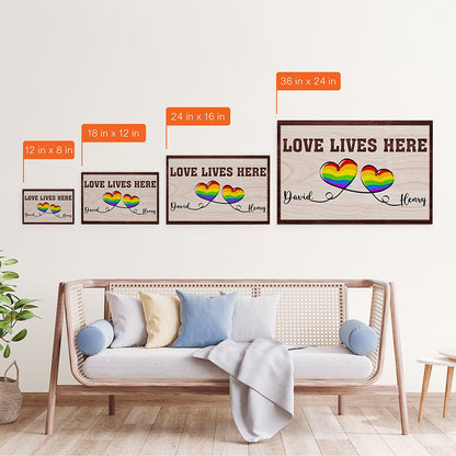 Personalized 'LOVE LIVES HERE' LGBTQ+ Couple Canvas Print - Custom Names