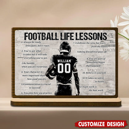 Personalized “Football Life Lessons” Wooden Plaque - Inspirational Gift for American Football Players, Coaches & Fans